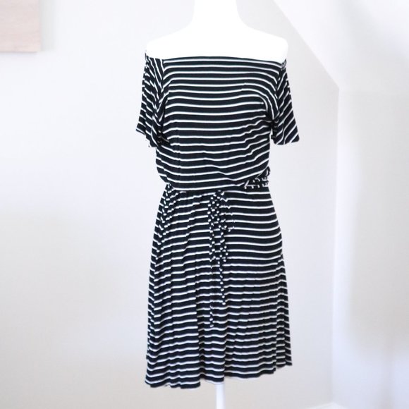 LOFT Black Striped Off Shoulder Tie Dress XS - Picture 2 of 4